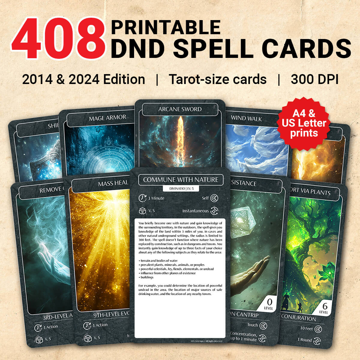 408 Printable DnD Spell Cards - 2014 & 2024 Edition