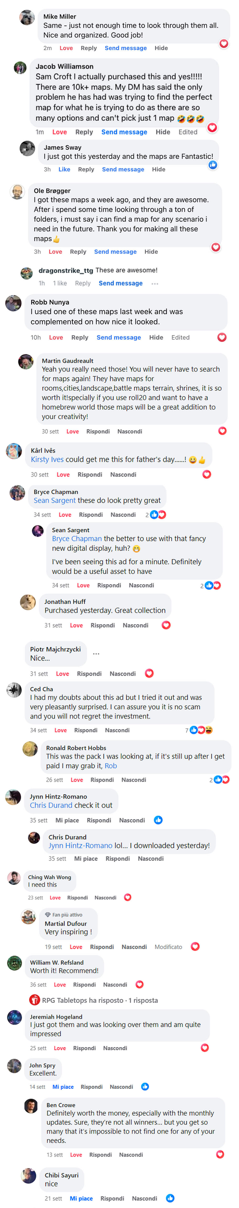 Positive Facebook comments who share feedbacks about RPG maps