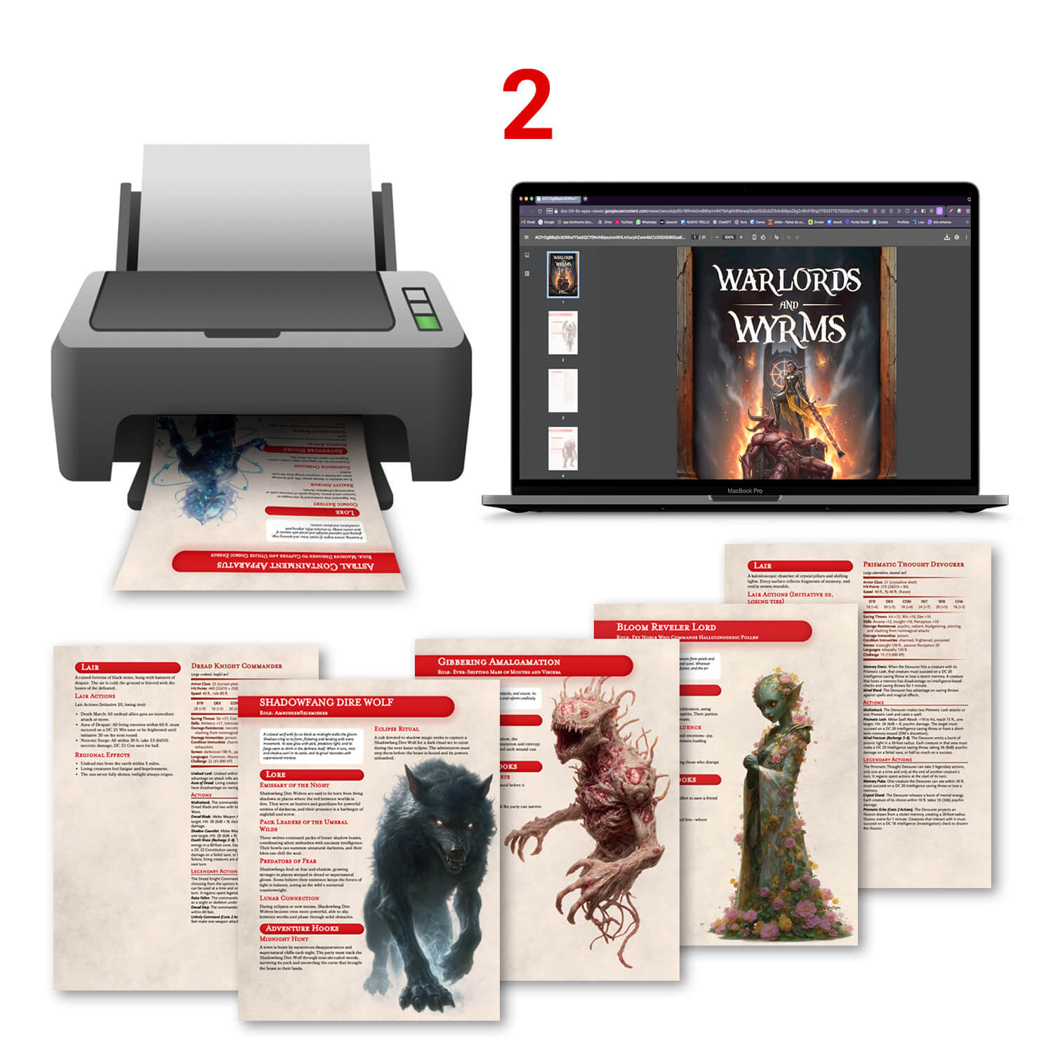 Pc mockup of RPG maps with a printer near to it.