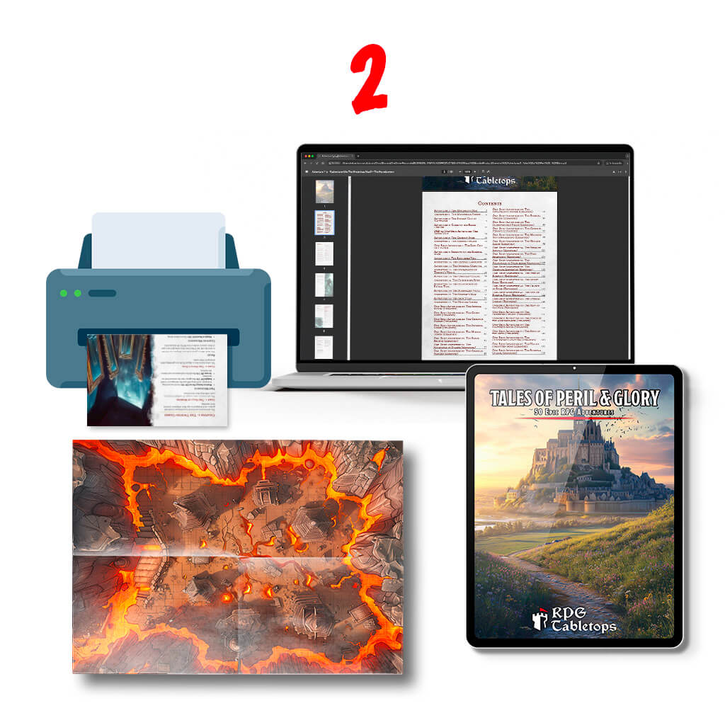 Pc mockup of RPG maps with a printer near to it.