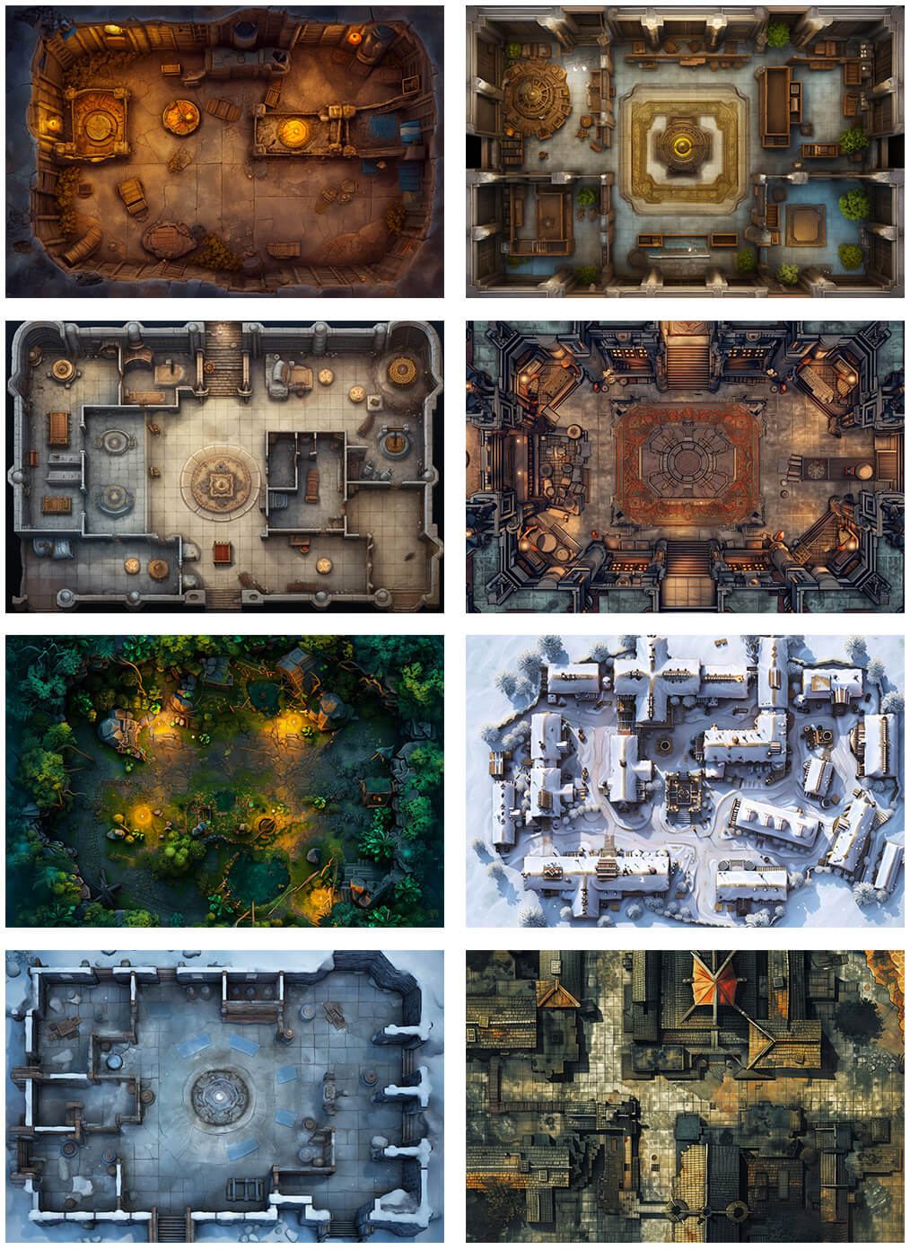 A 4x2 grid of RPG maps with high details that helps Game Masters prepare immersive RPG sessions very quickly.